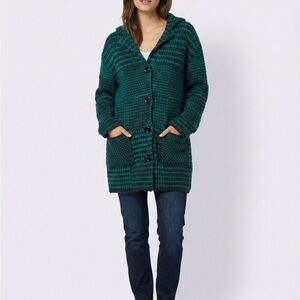 🌿 Desigual Chunky Knit Hooded Cardigan Coatigan Green Black Size Small